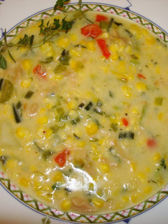 A picture of Leek and clam corn chowder.