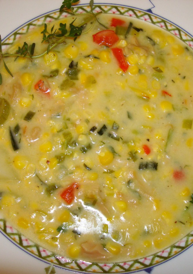 A picture of Leek and clam corn chowder.