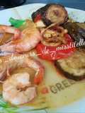 Scampis, tomates mozzarella et courgettes