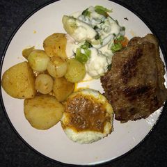 A picture of Tasty potatoes and meat.