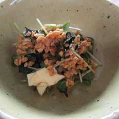 A picture of Mixed Salad with Natto (fermented soy beans) and White Radish Sprouts.
