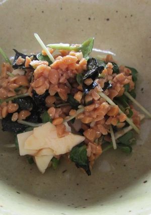 A picture of Mixed Salad with Natto (fermented soy beans) and White Radish Sprouts.