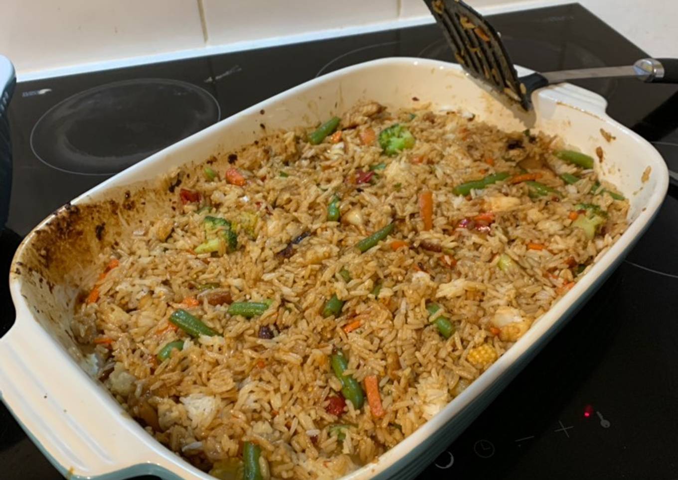 Honey soy fish with rice and stir fry veggies