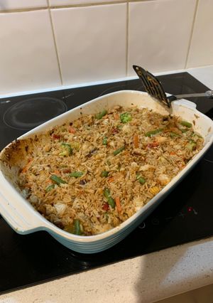 A picture of Honey soy fish with rice and stir fry veggies.