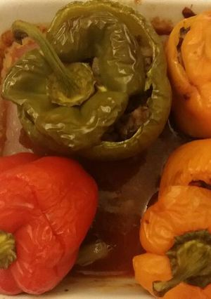 A picture of Stuffed peppers with meat.
