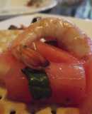 Bocadito de sandía a la sangrita y gamba de las correa