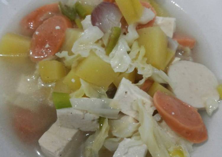 Resep masakan Sup Tahu tinggi protein (sosis, bakso ikan, sawi, kentang) | Resep Membuat Sup Tahu tinggi protein (sosis, bakso ikan, sawi, kentang) Yang Menggugah Selera
