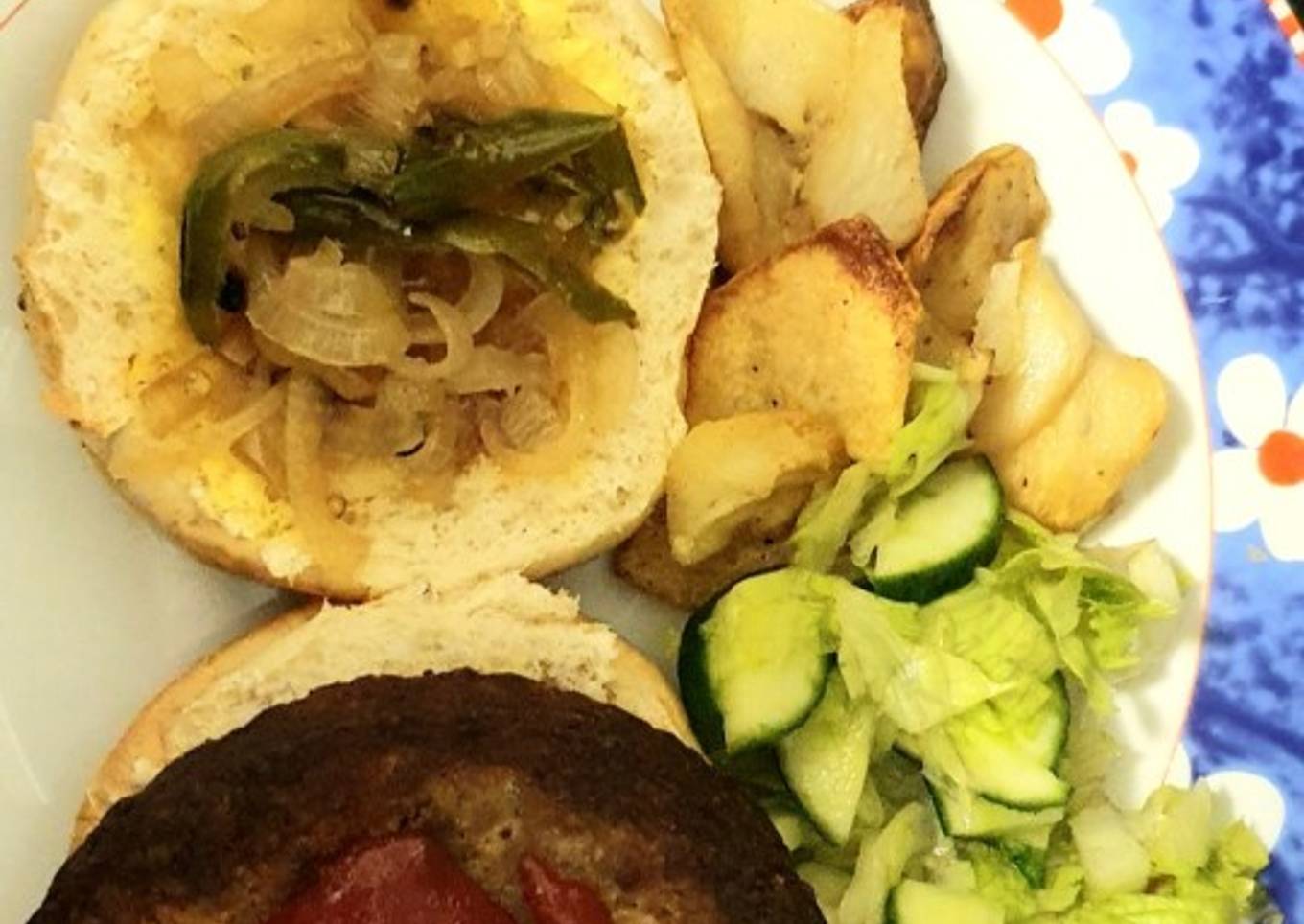 Mutton, Burger Bun, Fries and Salad