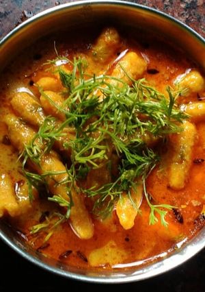A picture of Rajasthani gatte / bele ki sabji.