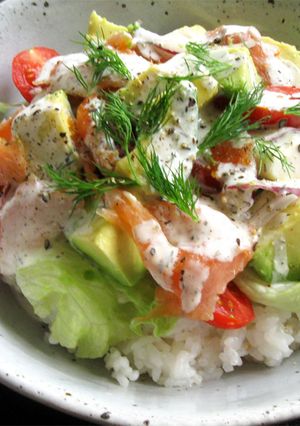 A picture of Smoked Salmon & Avocado Salad Sushi Rice Bowl.