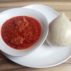A picture of Pounded yam with stew.