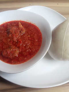 A picture of Pounded yam with stew.