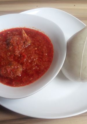 A picture of Pounded yam with stew.