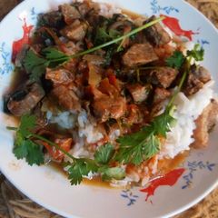 A picture of Beef stew with rice#authormarathon.