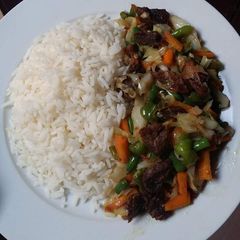A picture of White rice and veggies.
