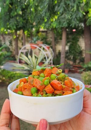 गाजर,मटर हरी प्याज़ की सब्ज़ी (gajar matar hari pyaz ki sabzi recipe in Hindi) रेसिपी मुख्य फोटो