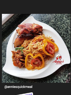 A picture of Sea food pasta, Fried chicken and shrimp/shredded chicken sauce.