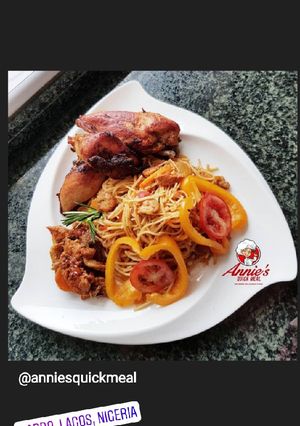 A picture of Sea food pasta, Fried chicken and shrimp/shredded chicken sauce.