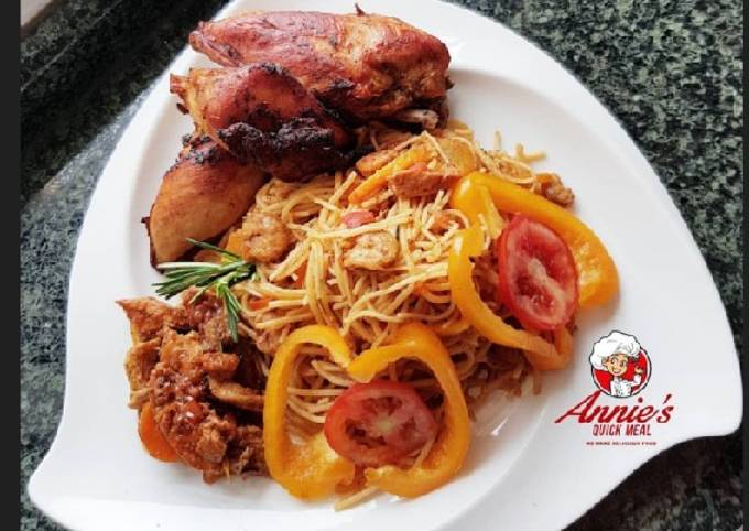 Sea food pasta, Fried chicken and shrimp/shredded chicken sauce