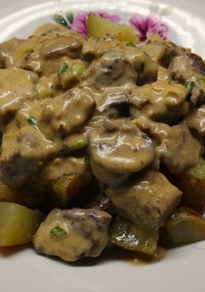 A picture of Beef Stroganoff over Sautéed Potatoes.
