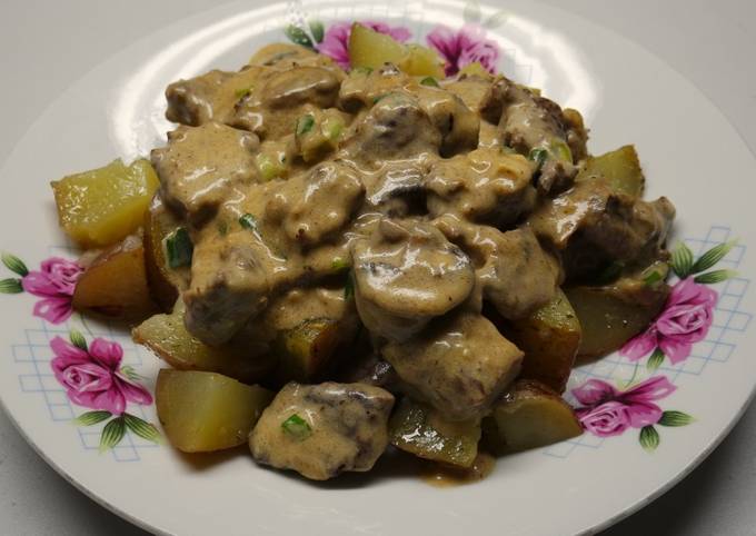 Steps to Prepare Favorite Beef Stroganoff over Sautéed Potatoes