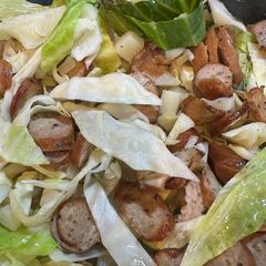 A picture of Kielbasa & Cabbage (a take on bangers and mash).
