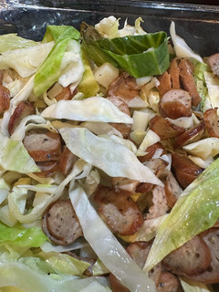 A picture of Kielbasa & Cabbage (a take on bangers and mash).