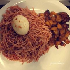 Spagetti with feied plantain and boiled egg A picture of Spagetti with feied plantain and boiled egg.