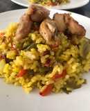 Arroz seco de verduras (calabacín, berenjena 🍆 pimientos 🫑...y pollo al ajillo