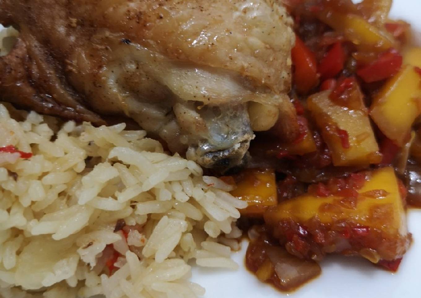 Sweet and sour mango chicken and pilau rice