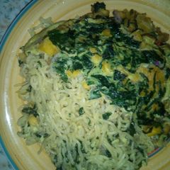 A picture of Green indomie and green plantain pancake.