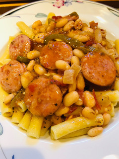 A picture of Smoked Sausage with Northern Beans.