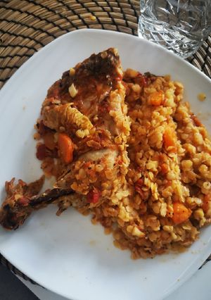 A picture of Chicken, Tomato, and Red Lentil Stew.