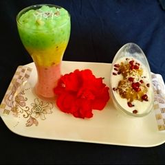 Farali Aloo Vada with Trirangi Sago Kheer A picture of Farali Aloo Vada with Trirangi Sago Kheer.