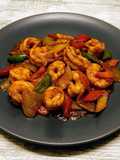 Gambas con verduras, curry y cinco especias chinas