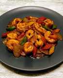 Gambas con verduras, curry y cinco especias chinas