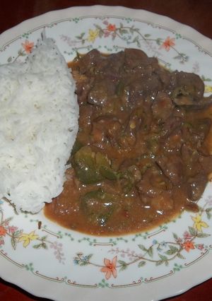 A picture of Spanish Liver served with Rice.