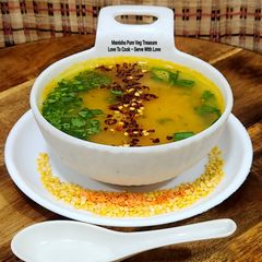 A picture of Indian Style Dal Shorba - Red & Yellow Lentil Spiced Soup - Mixed Moongdal & Masoordal Shorba.