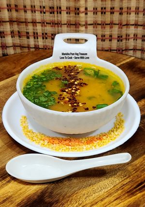 A picture of Indian Style Dal Shorba - Red & Yellow Lentil Spiced Soup - Mixed Moongdal & Masoordal Shorba.