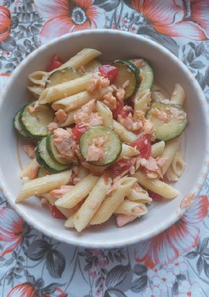 A picture of Cold Pasta with Zucchini and Smoked Salmon.