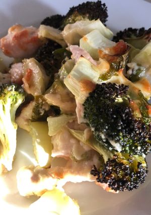 A picture of Oven Roasted Chicken and Broccoli with Parmesan Cheese.