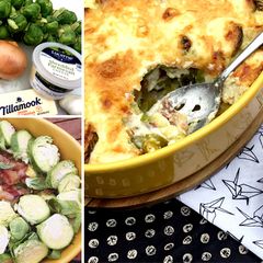 A picture of Wagyu Beef Bacon and Brussels Sprouts Au Gratin.