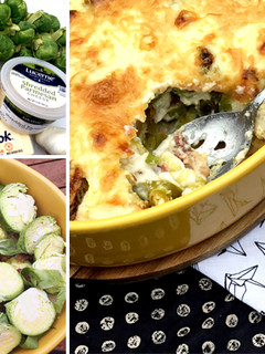 A picture of Wagyu Beef Bacon and Brussels Sprouts Au Gratin.