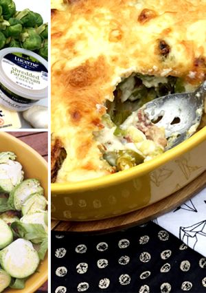 A picture of Wagyu Beef Bacon and Brussels Sprouts Au Gratin.