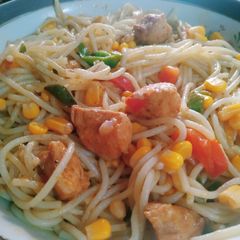 Chicken corn capsicum spaghetti A picture of Chicken corn capsicum spaghetti.