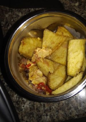 A picture of Fried yam and scabbled egg.