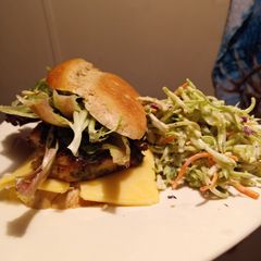 A picture of Grilled Chicken On Rye with Broccoli Slaw.