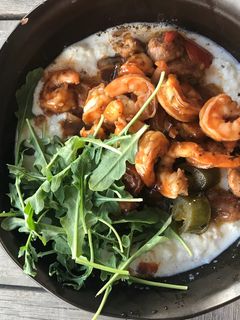 A picture of Shrimp & Cauliflower “Grits”.