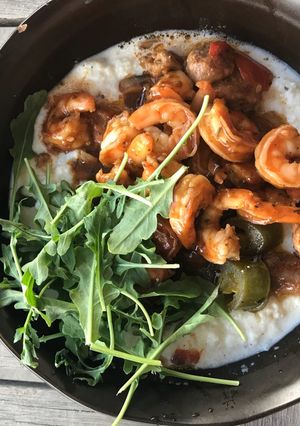 A picture of Shrimp & Cauliflower “Grits”.