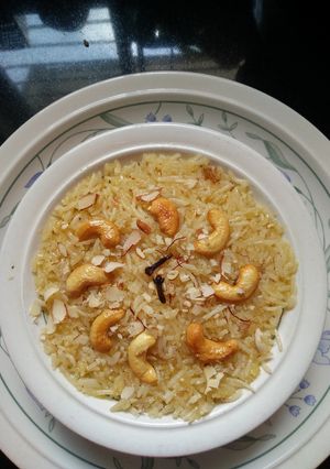 A picture of Narali Bhaat (Sweet Coconut Rice).